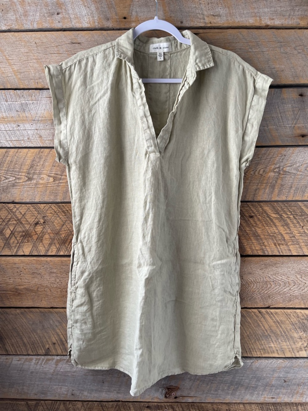 Cloth & Stone Linen Shirt Dress Large Lightweight Pullover Pockets Sage Green